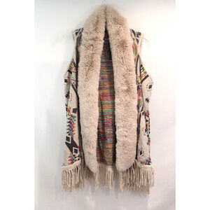 On Blue Sweater Vest Faux and Fringe Trim Accent Womens size S/M Beige Aztec
